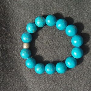 Silver Tone Turquoise Blue with Gold Beaded Stretchy Elastic Statement Bracelet